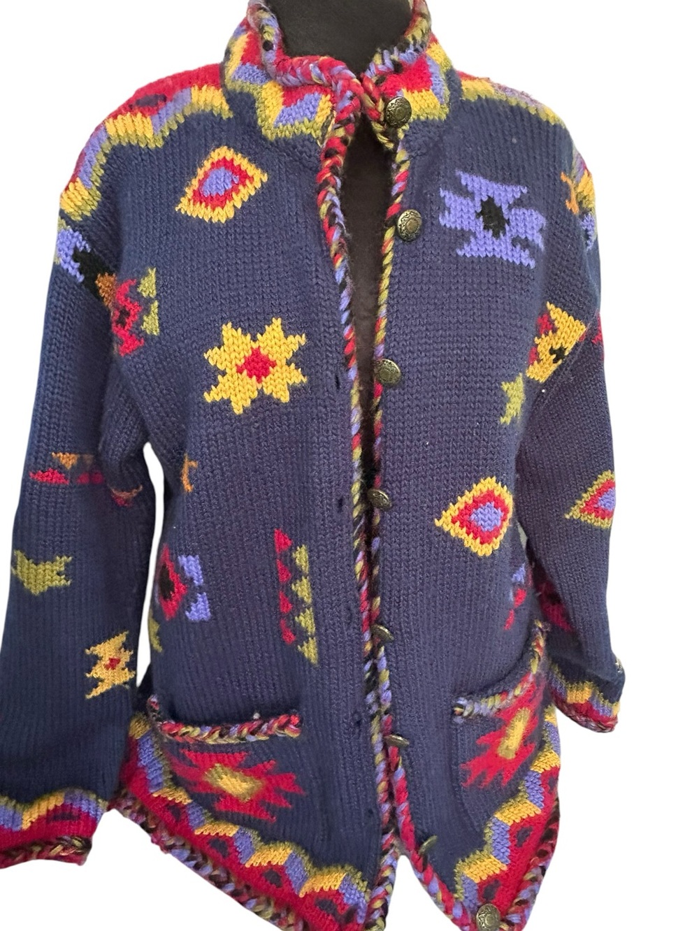 VTG Coldwater Creek Wool Sweater Coat S Southwest Aztec Heavy Warm Hong Kong